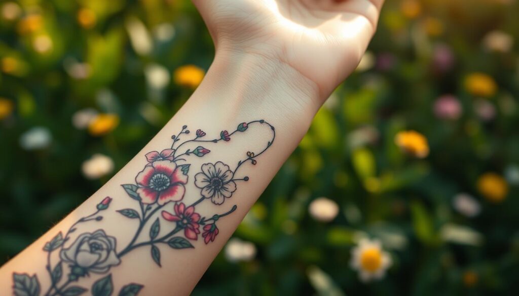 A delicate wrist tattoo design featuring floral inspirations, showcasing an array of intricate flower patterns such as roses, peonies, and small wildflowers. In the foreground, the tattoo is detailed and vividly colored, highlighting the fine lines and shading techniques that enhance its beauty. The middle layer displays a softly blurred background of lush greenery, evoking a tranquil, natural atmosphere. The lighting is warm and inviting, creating soft reflections on the tattoo, as if capturing a gentle afternoon sunlight. The angle should focus on the wrist, ensuring the tattoo is the central point of interest. Overall, the mood should be serene and artistic, appealing to anyone seeking inspiration for subtle yet beautiful wrist tattoos. A delicate wrist tattoo design featuring floral inspirations, showcasing an array of intricate flower patterns such as roses, peonies, and small wildflowers. In the foreground, the tattoo is detailed and vividly colored, highlighting the fine lines and shading techniques that enhance its beauty. The middle layer displays a softly blurred background of lush greenery, evoking a tranquil, natural atmosphere. The lighting is warm and inviting, creating soft reflections on the tattoo, as if capturing a gentle afternoon sunlight. The angle should focus on the wrist, ensuring the tattoo is the central point of interest. Overall, the mood should be serene and artistic, appealing to anyone seeking inspiration for subtle yet beautiful wrist tattoos.