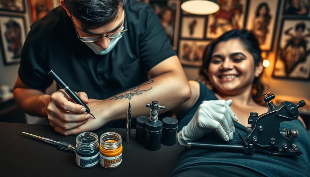 A detailed and informative comparison image depicting the two tattooing techniques: handpoke and machine tattooing. In the foreground, a skilled tattoo artist, dressed in professional attire, demonstrates the handpoke technique on the arm of a client, who is smiling and showing a relaxed demeanor. The middle ground features an array of tattoo tools: a handpoke needle, ink pots, and a tattoo machine, artistically arranged for visual contrast. In the background, a well-lit studio environment with warm lighting highlights tattoo artwork on the walls, creating an inviting atmosphere. The angle is slightly overhead, providing a clear view of the artist's hands and tools, emphasizing the differences. The overall mood is informative and engaging, showcasing both techniques in a respectful and professional manner. A detailed and informative comparison image depicting the two tattooing techniques: handpoke and machine tattooing. In the foreground, a skilled tattoo artist, dressed in professional attire, demonstrates the handpoke technique on the arm of a client, who is smiling and showing a relaxed demeanor. The middle ground features an array of tattoo tools: a handpoke needle, ink pots, and a tattoo machine, artistically arranged for visual contrast. In the background, a well-lit studio environment with warm lighting highlights tattoo artwork on the walls, creating an inviting atmosphere. The angle is slightly overhead, providing a clear view of the artist's hands and tools, emphasizing the differences. The overall mood is informative and engaging, showcasing both techniques in a respectful and professional manner.