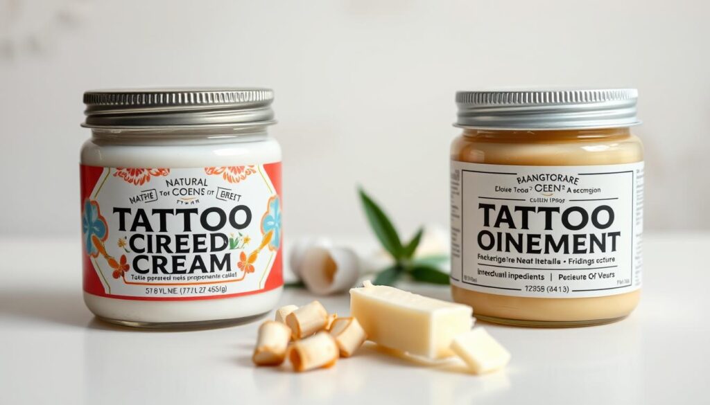 A detailed comparison of a tattoo cream and tattoo ointment, positioned on a clean white surface. In the foreground, prominently display two jars side by side: one labeled as a tattoo cream with a smooth, glossy texture and a vibrant, appealing design, and the other as a tattoo ointment with a thicker consistency and a matte finish. In the middle ground, include a small selection of natural ingredients like aloe vera and shea butter to highlight their components. The background features soft, diffused lighting that creates a calm and inviting atmosphere, with a neutral, blurred background that does not distract from the main subjects. The angle should be slightly above eye level, creating a professional and informative feel to the presentation. A detailed comparison of a tattoo cream and tattoo ointment, positioned on a clean white surface. In the foreground, prominently display two jars side by side: one labeled as a tattoo cream with a smooth, glossy texture and a vibrant, appealing design, and the other as a tattoo ointment with a thicker consistency and a matte finish. In the middle ground, include a small selection of natural ingredients like aloe vera and shea butter to highlight their components. The background features soft, diffused lighting that creates a calm and inviting atmosphere, with a neutral, blurred background that does not distract from the main subjects. The angle should be slightly above eye level, creating a professional and informative feel to the presentation.
