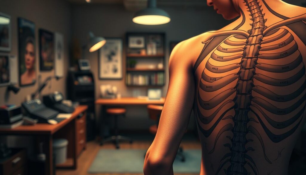A detailed illustration depicting the most painful areas for tattooing on a human body, focusing on the highlighted sensitive spots such as the ribcage, spine, elbows, knees, and inner arms. The foreground features a close-up view of a stylized anatomical figure, with clear markings indicating these painful zones. In the middle ground, there is a soft, blurred representation of a tattoo studio environment, showcasing various tattoo equipment in an organized manner. The background is a calming, dimly lit space that contrasts with the intensity of the subject, creating a slightly anxious but intriguing atmosphere. The lighting is warm, casting gentle shadows that bring attention to the pain map details as the angle captures the figure in a slight tilt, enhancing its dynamic yet educational essence.