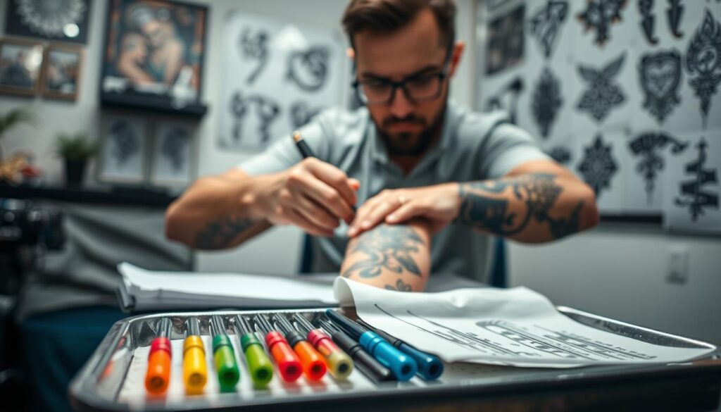 A focused, professional tattoo artist in a well-lit studio setting, wearing modest casual clothing, is applying intricate tattoos to a client’s forearm. The foreground showcases detailed tattoo tools, including needles and inks in vibrant colors, arranged neatly on a sterile tray. In the middle of the composition, the artist gently holds the client’s arm, demonstrating a technique that conveys care and precision. The background features a selection of tattoo designs on the wall, hinting at various styles—from tribal to floral patterns. Soft, diffused lighting enhances the atmosphere of professionalism and calm, while a shallow depth of field emphasizes the intimate nature of the tattooing process, creating a sense of focus on the factors influencing pain perception.