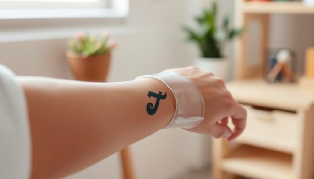 A gently lit, professional image showing a close-up of a person's arm adorned with a newly applied Second Skin tattoo bandage. The foreground highlights the smooth, transparent texture of the bandage, subtly reflecting soft light to emphasize its protective qualities. In the middle ground, the arm has a vibrant, fresh tattoo design peeking from beneath the sterile bandage, indicating care and healing. The background features a blurred clinical setting or a cozy home environment, evoking a sense of safety and healing. The mood is calm and reassuring, with soft, natural lighting that conveys a sense of care and professionalism, making it suitable for educational purposes. A gently lit, professional image showing a close-up of a person's arm adorned with a newly applied Second Skin tattoo bandage. The foreground highlights the smooth, transparent texture of the bandage, subtly reflecting soft light to emphasize its protective qualities. In the middle ground, the arm has a vibrant, fresh tattoo design peeking from beneath the sterile bandage, indicating care and healing. The background features a blurred clinical setting or a cozy home environment, evoking a sense of safety and healing. The mood is calm and reassuring, with soft, natural lighting that conveys a sense of care and professionalism, making it suitable for educational purposes.
