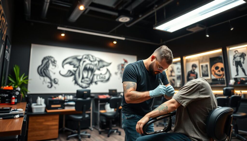 A modern tattoo studio interior filled with creative energy, highlighting a clean and professional environment. In the foreground, a tattoo artist, dressed in a stylish black t-shirt and jeans, is focused on applying a tattoo on a client’s forearm, who is wearing a casual, modest shirt. The artist's workspace features a range of neatly organized tattoo equipment and vibrant inks, capturing the essence of artistry. The middle ground showcases a large, eye-catching tattoo design displayed on the wall, reflecting various styles. The background features additional tattoo stations, with soft, warm lighting that creates a welcoming atmosphere. The overall mood is inviting and professional, emphasizing the importance of the choice of studio and artist in the tattoo process. The scene is captured with a slight depth of field to direct focus on the interaction between the artist and client.