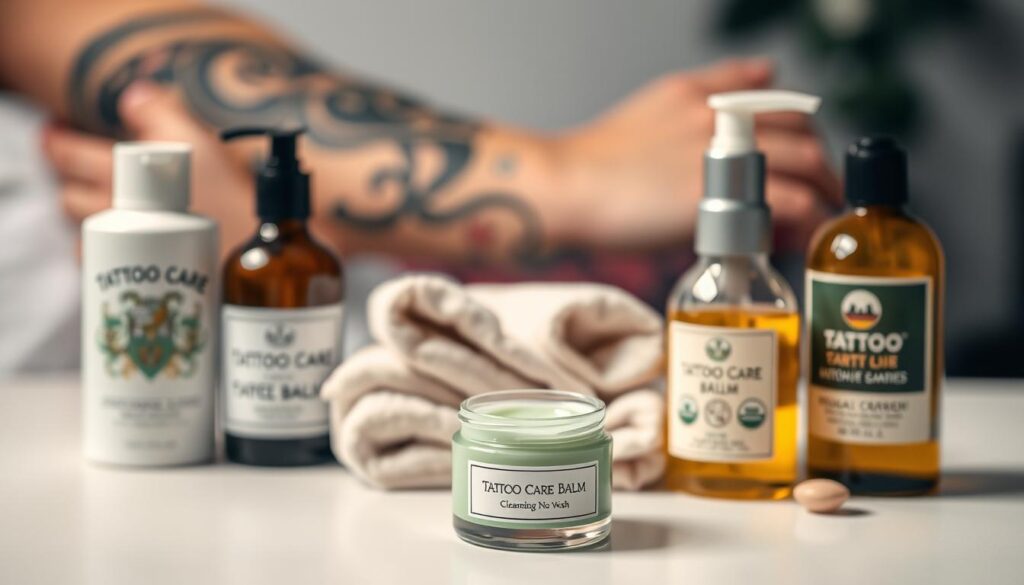 A neatly arranged display of tattoo aftercare cosmetics, including creams, balms, and oils, set on a clean white surface. In the foreground, focus on a small, elegant jar labeled "Tattoo Care Balm" with a soothing green hue, surrounded by a cleansing wash and nourishing lotion. In the middle, a couple of soft, natural fiber cloths are draped casually. In the background, a blurred out image of a tattooed arm, showcasing fresh, vibrant ink, subtly hints at the application of these products. Soft, diffused lighting gives the scene a calm and serene atmosphere, resembling a spa-like setting. The angle captures everything from a slightly elevated perspective, ensuring each product is beautifully showcased without any text or labels visible.