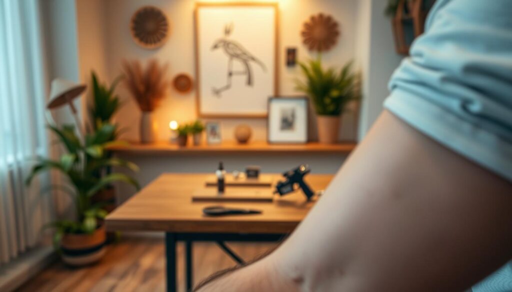A peaceful studio environment showcasing various body parts where tattoos are known to be least painful. In the foreground, a close-up view of a person's arm being gently tattooed, highlighting the skin's surface with soft, natural tones. In the middle, a well-organized display of a simple tattoo gun and ink, positioned artistically on a wooden table. In the background, subtle greenery and decorative elements create a calm atmosphere, illuminated by warm, diffused lighting that emphasizes the comfort of the space. The overall mood is serene and professional, reflecting a safe and welcoming environment for those contemplating their first tattoo. The composition focuses on the artistry of tattooing, free of any distractions or text.