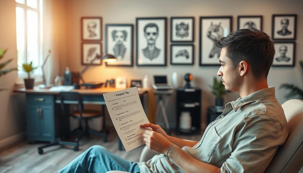 A serene and informative scene showcasing a person preparing for a tattoo session. In the foreground, a calm individual, dressed in a light, modest casual shirt, sits on a comfortable chair, reviewing a checklist with essential preparation tips for getting inked. The middle ground features a professional tattoo artist’s workspace, neatly arranged with inks, needles, and sterilized equipment. In the background, soft, warm lighting casts an inviting atmosphere, highlighting framed tattoo designs on the wall. A soothing color palette of pastels enhances the overall mood, suggesting a sense of readiness and tranquility. The image should be well-composed, using a medium-focus lens to capture both the subject and surroundings with clarity and detail.