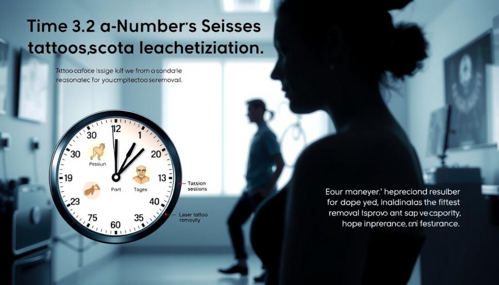 A visually engaging infographic illustrating "Time and Number of Sessions Required for Complete Tattoo Removal". In the foreground, feature a stylized clock with hands showing a range of sessions, accompanied by graphics representing different stages of tattoo fading. In the middle, include a silhouette of a person undergoing a laser tattoo removal process, wearing a professional outfit, with a laser device emitting soft light onto their skin. In the background, depict a clean, modern clinical setting, suggesting an atmosphere of professionalism and care, with soft, diffused lighting enhancing a sense of cleanliness and serenity. The overall mood should convey hope and transformation, highlighting the gradual improvement in skin appearance. A visually engaging infographic illustrating "Time and Number of Sessions Required for Complete Tattoo Removal". In the foreground, feature a stylized clock with hands showing a range of sessions, accompanied by graphics representing different stages of tattoo fading. In the middle, include a silhouette of a person undergoing a laser tattoo removal process, wearing a professional outfit, with a laser device emitting soft light onto their skin. In the background, depict a clean, modern clinical setting, suggesting an atmosphere of professionalism and care, with soft, diffused lighting enhancing a sense of cleanliness and serenity. The overall mood should convey hope and transformation, highlighting the gradual improvement in skin appearance.