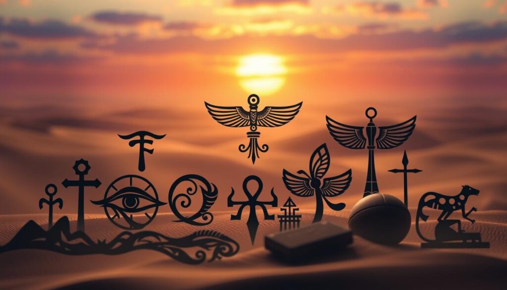 A beautifully detailed, artistic composition showcasing symbols commonly associated with tattoos, set against a mystical backdrop. In the foreground, a carefully arranged collection of ancient Egyptian motifs, including the Ankh, Eye of Horus, and scarab, intricately intertwined with tribal tattoo designs. The middle ground features flowing lines representing ink in motion, while stylized hieroglyphs subtly enhance the scene. In the background, an ethereal landscape suggesting a vast desert sunset with warm golden and deep purple hues, casting a soft glow on the symbols. The image should evoke a sense of mystery and spirituality, capturing the depth of meaning behind tattoos. Use a shallow depth of field to focus on the symbols, with gentle lighting that creates soft shadows, evoking a dreamlike atmosphere. A beautifully detailed, artistic composition showcasing symbols commonly associated with tattoos, set against a mystical backdrop. In the foreground, a carefully arranged collection of ancient Egyptian motifs, including the Ankh, Eye of Horus, and scarab, intricately intertwined with tribal tattoo designs. The middle ground features flowing lines representing ink in motion, while stylized hieroglyphs subtly enhance the scene. In the background, an ethereal landscape suggesting a vast desert sunset with warm golden and deep purple hues, casting a soft glow on the symbols. The image should evoke a sense of mystery and spirituality, capturing the depth of meaning behind tattoos. Use a shallow depth of field to focus on the symbols, with gentle lighting that creates soft shadows, evoking a dreamlike atmosphere.
