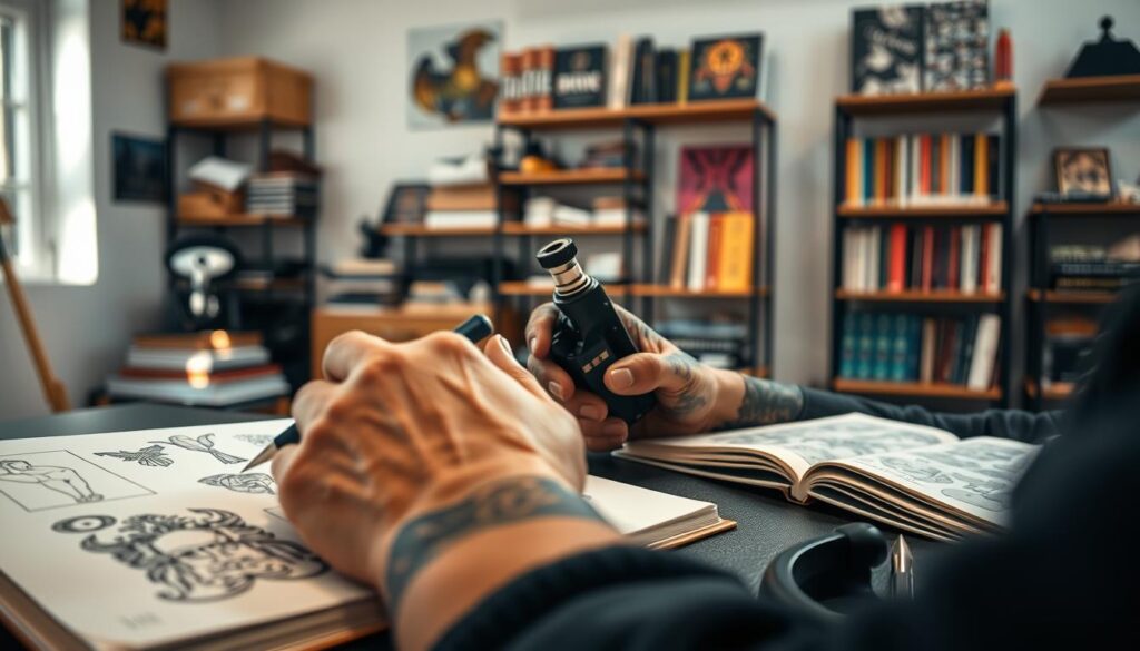 A close-up shot of a professional tattoo artist in a modern, well-lit studio, demonstrating various tattooing techniques on a canvas using traditional tools. In the foreground, a focused image of the artist's hands skillfully handling a tattoo machine, showcasing vibrant ink colors. The middle ground features an open sketchbook filled with design ideas and practice drawings, with tattoo stencils neatly organized nearby. In the background, shelves filled with tattoo equipment and references to tattoo art style books create an atmosphere of creativity and professionalism. Soft, diffused natural light streams through a window, casting gentle shadows and enhancing the mood of artistry and learning. The scene captures the essence of the diverse techniques taught in tattoo courses, emphasizing the seriousness and dedication required in this craft. A close-up shot of a professional tattoo artist in a modern, well-lit studio, demonstrating various tattooing techniques on a canvas using traditional tools. In the foreground, a focused image of the artist's hands skillfully handling a tattoo machine, showcasing vibrant ink colors. The middle ground features an open sketchbook filled with design ideas and practice drawings, with tattoo stencils neatly organized nearby. In the background, shelves filled with tattoo equipment and references to tattoo art style books create an atmosphere of creativity and professionalism. Soft, diffused natural light streams through a window, casting gentle shadows and enhancing the mood of artistry and learning. The scene captures the essence of the diverse techniques taught in tattoo courses, emphasizing the seriousness and dedication required in this craft.