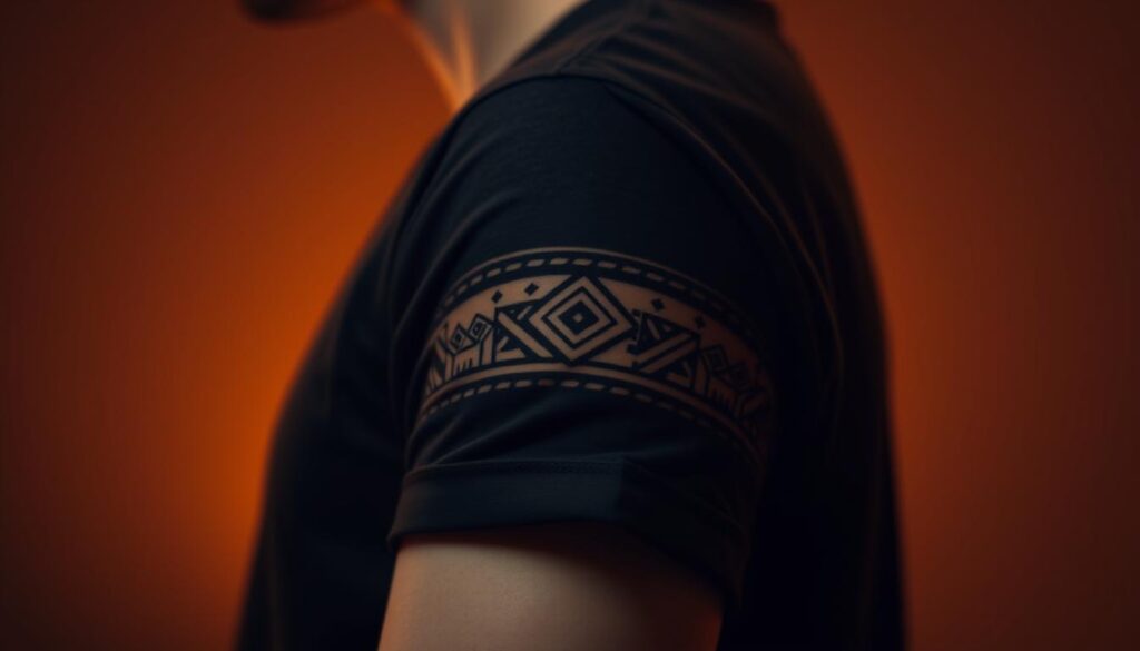 A close-up view of a beautifully intricate black armband tattoo featuring geometric patterns and symbolic elements. The tattoo is prominently displayed on the upper arm of a model dressed in a simple, modest short-sleeved shirt, emphasizing the armband without distractions. The focus is sharp, capturing the details of the lines and shapes, with some soft bokeh effect in the background to enhance the tattoo's visibility. The lighting is warm and inviting, highlighting the skin tone and the elegance of the tattoo design. The mood is artistic and contemplative, beckoning viewers to appreciate the significance of the tattoo's symbolism and the precision of its execution. A close-up view of a beautifully intricate black armband tattoo featuring geometric patterns and symbolic elements. The tattoo is prominently displayed on the upper arm of a model dressed in a simple, modest short-sleeved shirt, emphasizing the armband without distractions. The focus is sharp, capturing the details of the lines and shapes, with some soft bokeh effect in the background to enhance the tattoo's visibility. The lighting is warm and inviting, highlighting the skin tone and the elegance of the tattoo design. The mood is artistic and contemplative, beckoning viewers to appreciate the significance of the tattoo's symbolism and the precision of its execution.