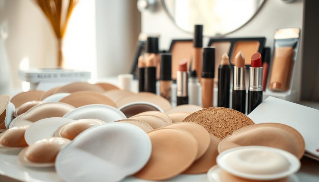 A close-up view of a diverse array of masking patches and skin cover-ups designed for concealing tattoos. In the foreground, display several patches in different shapes, sizes, and tones, featuring natural skin colors along with various textures. In the middle ground, present examples of cover-up makeup products, such as concealers and foundation sticks, arranged aesthetically. The background should include subtle hints of a well-lit vanity setup, with soft natural lighting filtering through a window, casting gentle shadows. The mood should feel inviting and professional, emphasizing the corrective beauty aspect, while ensuring all items are presented cleanly and neatly. No human figures should be included in the scene. A close-up view of a diverse array of masking patches and skin cover-ups designed for concealing tattoos. In the foreground, display several patches in different shapes, sizes, and tones, featuring natural skin colors along with various textures. In the middle ground, present examples of cover-up makeup products, such as concealers and foundation sticks, arranged aesthetically. The background should include subtle hints of a well-lit vanity setup, with soft natural lighting filtering through a window, casting gentle shadows. The mood should feel inviting and professional, emphasizing the corrective beauty aspect, while ensuring all items are presented cleanly and neatly. No human figures should be included in the scene.