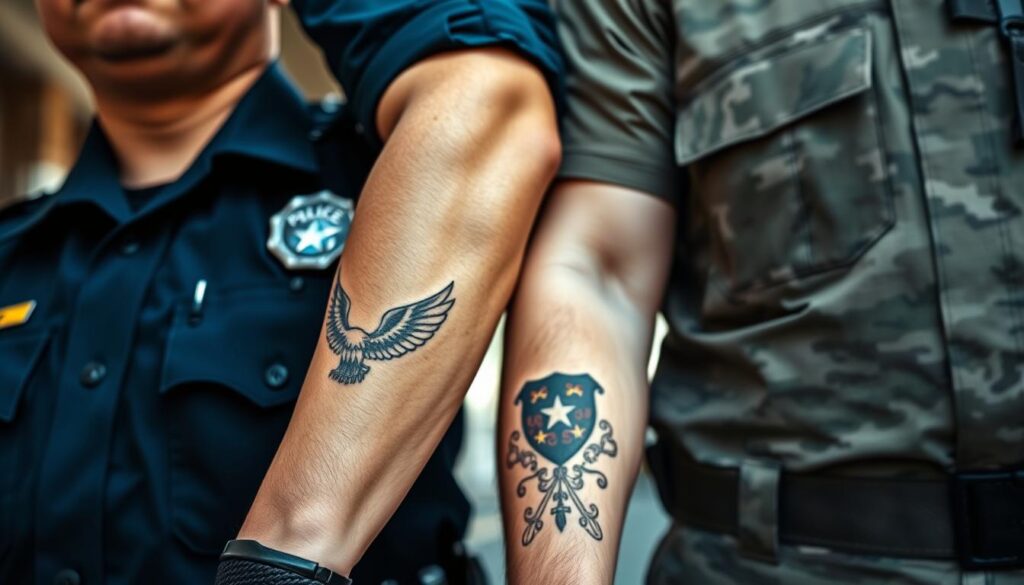 A close-up view of a police officer and a soldier standing side by side, showcasing their forearms with visible, professionally designed tattoos. The officer is in a crisp, dark blue uniform, and the soldier is in camouflage fatigues, both features emphasizing authority and discipline. The tattoos should reflect meaningful symbols of service and patriotism, such as an eagle and a shield, intricately designed but not overly bold. The background should show a blurred urban police station on one side and a military base on the other, representing their different environments. Soft natural lighting illuminates their arms, adding a respectful and professional mood to the scene. The angle is slightly tilted upward to emphasize the tattoos while ensuring the figures maintain a dignified posture, symbolizing their commitment to service in compliance with regulations on visible body art. A close-up view of a police officer and a soldier standing side by side, showcasing their forearms with visible, professionally designed tattoos. The officer is in a crisp, dark blue uniform, and the soldier is in camouflage fatigues, both features emphasizing authority and discipline. The tattoos should reflect meaningful symbols of service and patriotism, such as an eagle and a shield, intricately designed but not overly bold. The background should show a blurred urban police station on one side and a military base on the other, representing their different environments. Soft natural lighting illuminates their arms, adding a respectful and professional mood to the scene. The angle is slightly tilted upward to emphasize the tattoos while ensuring the figures maintain a dignified posture, symbolizing their commitment to service in compliance with regulations on visible body art.