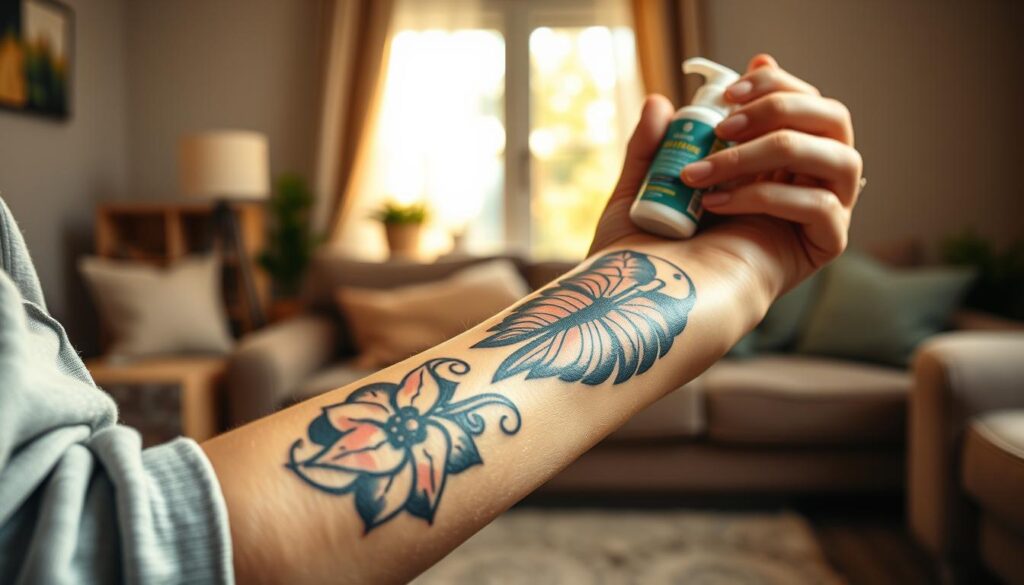 A close-up view of a vibrant, freshly inked tattoo on a person's forearm, showcasing intricate details and colors. The subject should be dressed in comfortable, modest casual clothing, gently applying aftercare lotion to the tattoo. The background features a subtle, blurred setting of a cozy living room with warm, natural light filtering through a window, creating a serene atmosphere. The focus is on the tattoo and the application process, with a soft depth of field that highlights the intricate artwork. The overall mood is calm and nurturing, conveying an essential moment in tattoo care. Soft shadows add depth to the scene without distracting from the main subject.