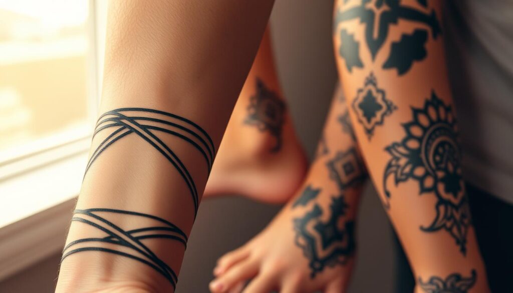 A collection of black band tattoos featuring intricate geometric patterns, showcased on various body locations including the forearm, ankle, and upper arm. In the foreground, close-up of a well-defined forearm adorned with bold black lines that create a striking contrast against the skin. In the middle, an elegantly tattooed ankle, showcasing a delicate pattern that wraps around gracefully. The background is softly blurred to emphasize the tattoos, with warm, natural lighting enhancing the texture and details of the ink. The atmosphere is artistic and modern, evoking a sense of confidence and individuality without any distractions. A collection of black band tattoos featuring intricate geometric patterns, showcased on various body locations including the forearm, ankle, and upper arm. In the foreground, close-up of a well-defined forearm adorned with bold black lines that create a striking contrast against the skin. In the middle, an elegantly tattooed ankle, showcasing a delicate pattern that wraps around gracefully. The background is softly blurred to emphasize the tattoos, with warm, natural lighting enhancing the texture and details of the ink. The atmosphere is artistic and modern, evoking a sense of confidence and individuality without any distractions.