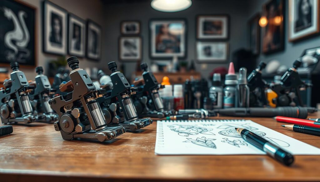 A detailed array of professional tattooing tools lies on a clean, polished wooden table. In the foreground, an assortment of modern tattoo machines glistens under soft, diffused lighting, each with intricate designs and colors. A close-up of various needles, ink bottles, and stencils showcases their precise details and vibrant hues. In the middle ground, an artist's sketch pad displays tattoo designs in progress, emphasizing creativity and artistry. The background features a softly blurred tattoo studio, with framed artwork and ambient lighting that creates a focused, inspiring atmosphere. The overall mood is professional and inviting, reflecting the serious craftsmanship and dedication involved in tattoo artistry. Use a wide-angle lens perspective to capture the layout cohesively. A detailed array of professional tattooing tools lies on a clean, polished wooden table. In the foreground, an assortment of modern tattoo machines glistens under soft, diffused lighting, each with intricate designs and colors. A close-up of various needles, ink bottles, and stencils showcases their precise details and vibrant hues. In the middle ground, an artist's sketch pad displays tattoo designs in progress, emphasizing creativity and artistry. The background features a softly blurred tattoo studio, with framed artwork and ambient lighting that creates a focused, inspiring atmosphere. The overall mood is professional and inviting, reflecting the serious craftsmanship and dedication involved in tattoo artistry. Use a wide-angle lens perspective to capture the layout cohesively.