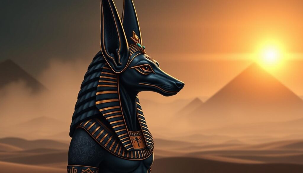 A detailed, striking tattoo design featuring Anubis, the ancient Egyptian god of the afterlife. The foreground showcases Anubis in a majestic pose, with a sleek black jackal head and a tall, elaborate headdress adorned with gold and turquoise accents. The middle ground contains intricate Egyptian hieroglyphs and symbols representing life and death, subtly incorporated into the design. In the background, a mystical desert landscape at sunset, with soft, warm light casting elongated shadows, creates an atmosphere of mystery and reverence. The overall mood is solemn yet captivating, emphasizing the significance of Anubis within Egyptian mythology. Use a slight angle to convey depth, ensuring clarity in the details of the tattoo, without any text or distractions. A detailed, striking tattoo design featuring Anubis, the ancient Egyptian god of the afterlife. The foreground showcases Anubis in a majestic pose, with a sleek black jackal head and a tall, elaborate headdress adorned with gold and turquoise accents. The middle ground contains intricate Egyptian hieroglyphs and symbols representing life and death, subtly incorporated into the design. In the background, a mystical desert landscape at sunset, with soft, warm light casting elongated shadows, creates an atmosphere of mystery and reverence. The overall mood is solemn yet captivating, emphasizing the significance of Anubis within Egyptian mythology. Use a slight angle to convey depth, ensuring clarity in the details of the tattoo, without any text or distractions.