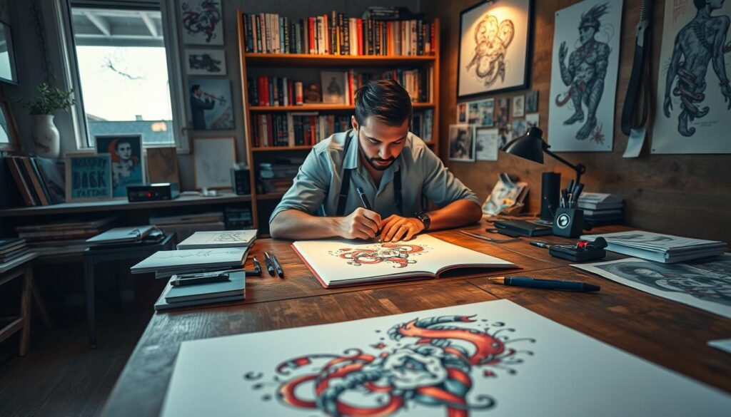 A detailed workspace for tattoo design, showcasing a skilled tattoo artist working at a large wooden table covered with sketch papers, reference images, and tattoo supplies. In the foreground, there’s a close-up view of an intricate tattoo design drawn in vibrant colors, illuminated by soft, warm lighting. The middle area features the tattoo artist, dressed in professional attire, intently examining the design with a focused, creative expression. In the background, shelves filled with books on tattoo history and artistry, along with additional artworks pinned to the walls, add depth to the scene. The overall atmosphere is artistic and inspirational, emphasizing the thoughtful and personal process of creating a unique tattoo design.