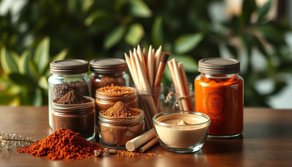 A high-quality henna selection displayed elegantly on a wooden table. In the foreground, various containers of rich, dark brown and vibrant orange henna powders are arranged artistically, some with intricate designs on their surfaces. In the middle ground, a bundle of natural applicators such as cones and brushes are placed next to a small bowl of freshly mixed henna paste, its texture smooth and glossy. The background features soft-focus greenery, symbolizing natural ingredients like eucalyptus leaves and henna plants. The lighting is warm and inviting, simulating a serene afternoon glow that enhances the earthy tones. The mood is calming and creative, perfect for those looking to explore henna tattooing at home, focusing on quality and preparation. A high-quality henna selection displayed elegantly on a wooden table. In the foreground, various containers of rich, dark brown and vibrant orange henna powders are arranged artistically, some with intricate designs on their surfaces. In the middle ground, a bundle of natural applicators such as cones and brushes are placed next to a small bowl of freshly mixed henna paste, its texture smooth and glossy. The background features soft-focus greenery, symbolizing natural ingredients like eucalyptus leaves and henna plants. The lighting is warm and inviting, simulating a serene afternoon glow that enhances the earthy tones. The mood is calming and creative, perfect for those looking to explore henna tattooing at home, focusing on quality and preparation.