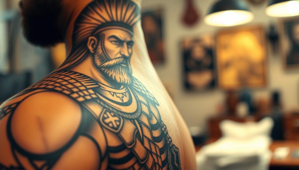 A highly detailed, realistic tattoo design featuring a warrior motif, symbolizing strength and resilience. In the foreground, showcase the intricate details of the tattoo, with emphasis on sharp lines and shading that captures the artistry and quality of execution. The warrior should be portrayed in a dynamic pose, clad in modest, historically inspired armor, showcasing elements like intricate patterns and textures. In the background, depict a softly blurred setting that suggests a tattoo studio, with warm, ambient lighting highlighting the craftsmanship of the tattoo. Use a shallow depth of field to focus on the tattoo's richness while providing a subtle atmosphere of dedication and artistry.