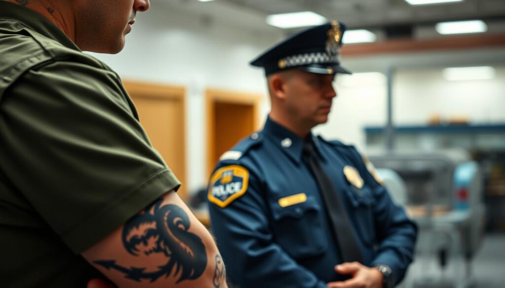 A professional and serious scene depicting the consequences of tattoos in law enforcement and military careers. In the foreground, a close-up of a soldier in a crisp military uniform, displaying visible, well-defined tattoos on their arms, with a contemplative expression. In the middle ground, a police officer in a professional uniform is engaged in conversation with their superior, highlighting a tense moment of discussion about the visibility of tattoos. The background features a blurred police station and military base, symbolizing the professional environment. The lighting is bright and neutral, creating a realistic atmosphere, with a slight emphasis on the tattoo details. The mood is serious, reflecting the impact of personal choices on professional life. A professional and serious scene depicting the consequences of tattoos in law enforcement and military careers. In the foreground, a close-up of a soldier in a crisp military uniform, displaying visible, well-defined tattoos on their arms, with a contemplative expression. In the middle ground, a police officer in a professional uniform is engaged in conversation with their superior, highlighting a tense moment of discussion about the visibility of tattoos. The background features a blurred police station and military base, symbolizing the professional environment. The lighting is bright and neutral, creating a realistic atmosphere, with a slight emphasis on the tattoo details. The mood is serious, reflecting the impact of personal choices on professional life.