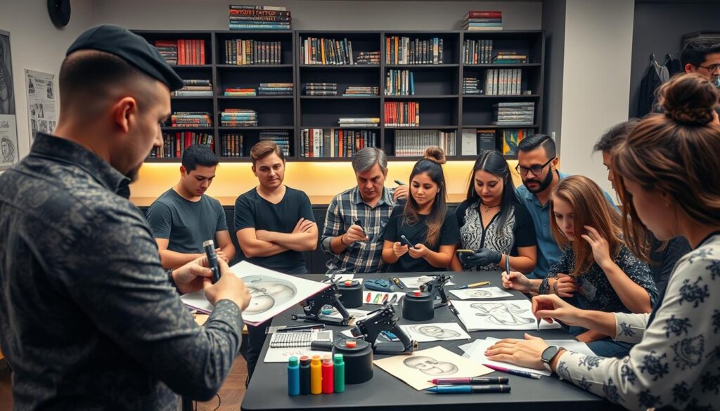 A professional setting showcasing a tattoo workshop, capturing a group of diverse students attentively engaged in a tattoo art course. In the foreground, a tattoo artist instructs the students, displaying various tattoo designs on paper and tattoo machines. The middle ground features several aspiration tattoo artists practicing on synthetic skin, surrounded by colorful inks and tools of the trade. In the background, shelves are lined with books about tattoo artistry and portfolios of different styles. Soft, warm lighting illuminates the space, creating an inviting atmosphere. The angle is slightly elevated, providing a comprehensive view of the workshop, highlighting both the learning experience and the creative energy of pursuing a career in tattoo artistry. Emphasize a sense of professionalism and enthusiasm, encouraging a positive learning environment. A professional setting showcasing a tattoo workshop, capturing a group of diverse students attentively engaged in a tattoo art course. In the foreground, a tattoo artist instructs the students, displaying various tattoo designs on paper and tattoo machines. The middle ground features several aspiration tattoo artists practicing on synthetic skin, surrounded by colorful inks and tools of the trade. In the background, shelves are lined with books about tattoo artistry and portfolios of different styles. Soft, warm lighting illuminates the space, creating an inviting atmosphere. The angle is slightly elevated, providing a comprehensive view of the workshop, highlighting both the learning experience and the creative energy of pursuing a career in tattoo artistry. Emphasize a sense of professionalism and enthusiasm, encouraging a positive learning environment.
