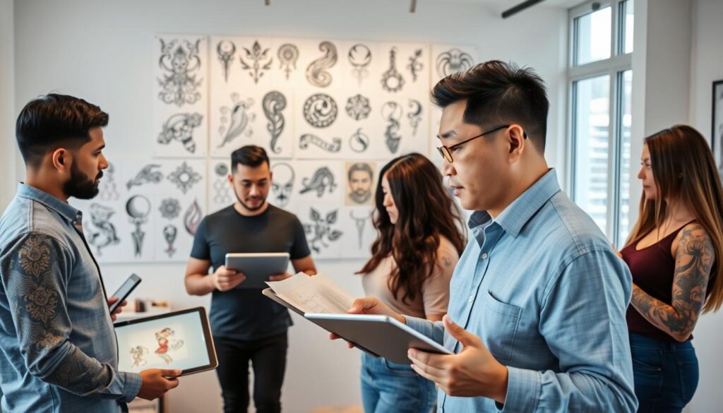 A professional tattoo expert in a bright, modern studio, showcasing a diverse array of tattoo designs on both digital tablets and paper. In the foreground, the expert, a middle-aged person of Asian descent, is engaged in conversation with a diverse group of clients, each showcasing their unique tattoo ideas. The middle section features various tattoo sketches displayed prominently on the studio walls, illustrating different styles such as abstract, tribal, and floral motifs. In the background, soft natural light filters through large windows, creating an inviting and warm atmosphere. The scene conveys a sense of creativity, collaboration, and expert guidance, emphasizing the connection between personal expression and tattoo artistry. The angle captures both the expert's sincerity and the clients' enthusiasm, reflecting a supportive environment for tattoo selection.