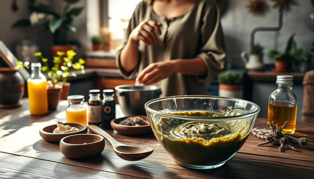 A serene kitchen scene focused on the preparation of henna paste for temporary tattoos. In the foreground, a glass bowl filled with freshly mixed henna paste, showcasing its rich green-brown color and smooth consistency. Surrounding the bowl are traditional tools: a wooden spoon, fresh lemon juice, and essential oils, all neatly arranged on a rustic wooden table. In the middle ground, a person (dressed in modest casual clothing) is intently mixing the ingredients, their hands skillfully blending everything together. Soft natural light streams through a nearby window, casting gentle shadows that enhance the cozy atmosphere. The background features a few potted plants and herbal decorations, reflecting an inviting and artistic vibe in this homey setting. A serene kitchen scene focused on the preparation of henna paste for temporary tattoos. In the foreground, a glass bowl filled with freshly mixed henna paste, showcasing its rich green-brown color and smooth consistency. Surrounding the bowl are traditional tools: a wooden spoon, fresh lemon juice, and essential oils, all neatly arranged on a rustic wooden table. In the middle ground, a person (dressed in modest casual clothing) is intently mixing the ingredients, their hands skillfully blending everything together. Soft natural light streams through a nearby window, casting gentle shadows that enhance the cozy atmosphere. The background features a few potted plants and herbal decorations, reflecting an inviting and artistic vibe in this homey setting.