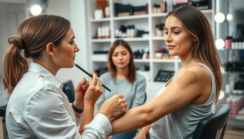 A skilled makeup artist in a well-lit beauty studio prepares a model for camouflage makeup application. The foreground features the artist focused on blending skin-toned shades that perfectly match the model's skin. In the middle, the model, wearing modest casual clothing, sits on a makeup chair with a calm expression, her skin being carefully prepared to cover a tattoo on her arm. The background showcases shelves filled with various cosmetic products, reflecting an inviting and professional atmosphere. Soft, diffused lighting highlights their concentration and the blended makeup. The angle captures a close-up of the model’s arm with the tattoo partially visible, emphasizing the precision involved in the camouflage process. The mood is one of professionalism, creativity, and transformation, conveying the essence of a quick cover-up solution. A skilled makeup artist in a well-lit beauty studio prepares a model for camouflage makeup application. The foreground features the artist focused on blending skin-toned shades that perfectly match the model's skin. In the middle, the model, wearing modest casual clothing, sits on a makeup chair with a calm expression, her skin being carefully prepared to cover a tattoo on her arm. The background showcases shelves filled with various cosmetic products, reflecting an inviting and professional atmosphere. Soft, diffused lighting highlights their concentration and the blended makeup. The angle captures a close-up of the model’s arm with the tattoo partially visible, emphasizing the precision involved in the camouflage process. The mood is one of professionalism, creativity, and transformation, conveying the essence of a quick cover-up solution.