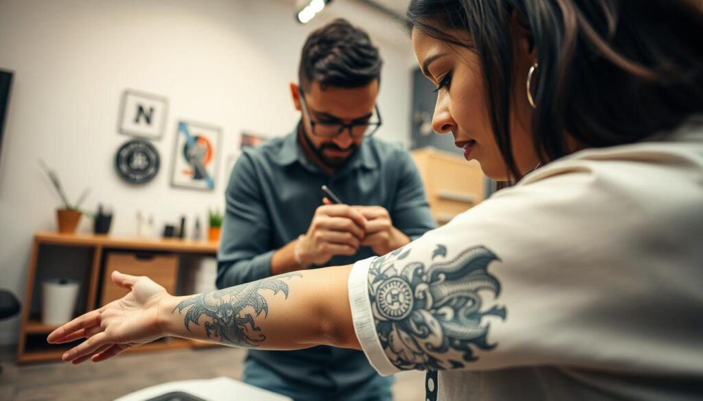 A stylish, modern workspace featuring a professional tattoo artist in modest casual clothing, carefully applying a temporary tattoo on a client's arm. The foreground highlights intricate temporary tattoo designs that symbolize strength and resilience, including warrior motifs and mythical creatures. In the middle, a clean, organized tattoo station with tools like ink, stencils, and a consultation area. In the background, bright yet soft lighting creates a welcoming atmosphere, emphasizing the craftsmanship involved in the tattooing process. The image captures a sense of focus and determination, reflecting the theme of fight and unwavering spirit, while showcasing the beauty and artistry of temporary tattoos. The angle is a dynamic view, slightly above eye-level, to emphasize the action and artistry occurring in the scene.