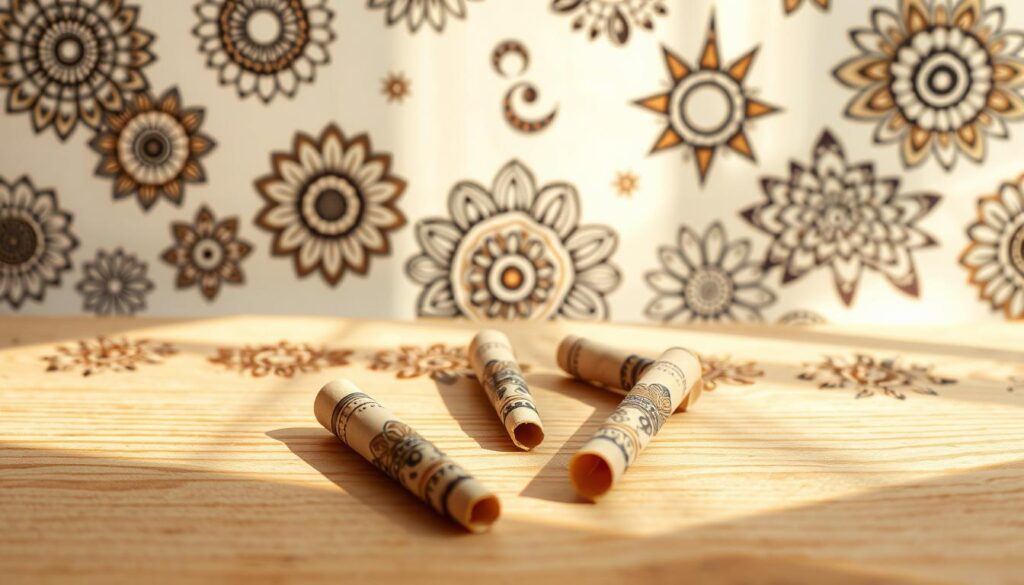 Intricate henna tattoo designs showcased on a light, textured background, focusing on a variety of unique patterns including floral motifs, mandalas, peacock feathers, and geometric shapes. In the foreground, three small rolled cones filled with henna paste, resting on a simple wooden table, with delicate henna designs adorning the background. Soft, diffused natural lighting enhances the details of the intricate patterns, casting gentle shadows. The atmosphere is calm and creative, inviting viewers to explore the artistry of henna tattoos. A shallow depth of field keeps the focus on the designs and the henna cones, while the background remains subtly blurred, creating an artistic feel. Intricate henna tattoo designs showcased on a light, textured background, focusing on a variety of unique patterns including floral motifs, mandalas, peacock feathers, and geometric shapes. In the foreground, three small rolled cones filled with henna paste, resting on a simple wooden table, with delicate henna designs adorning the background. Soft, diffused natural lighting enhances the details of the intricate patterns, casting gentle shadows. The atmosphere is calm and creative, inviting viewers to explore the artistry of henna tattoos. A shallow depth of field keeps the focus on the designs and the henna cones, while the background remains subtly blurred, creating an artistic feel.