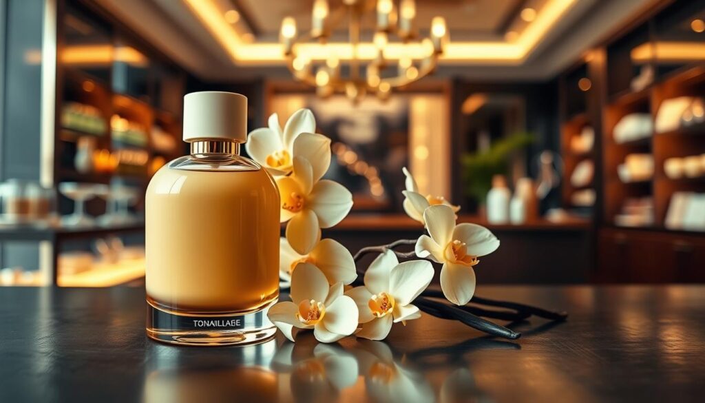 A beautifully arranged bottle of men's perfume, featuring a cream-colored cap and a smooth, rounded glass body, reflecting golden hues of vanilla essence. The foreground showcases the perfume bottle elegantly placed on a dark, polished wooden table, with light reflecting off its surface. In the middle, a bouquet of vanilla orchids and tonka bean pods are artistically arranged beside the bottle, adding a natural touch. The background is softly blurred, depicting an upscale, modern fragrance boutique, with warm, ambient lighting that creates an inviting and luxurious atmosphere. The overall mood is sophisticated and warm, evoking a sense of comfort and allure associated with sweet, creamy vanilla in men's fragrances.
