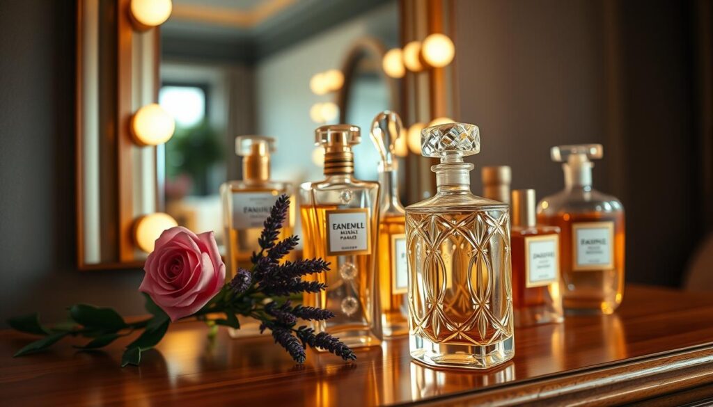 A beautifully arranged display of elegant perfume bottles on a wooden vanity, reflecting soft golden lighting that enhances their glass surfaces. In the foreground, a close-up of a delicate crystal bottle with intricate designs, capturing the essence of luxury. In the middle, various other bottles in varying heights and shapes, each showcasing a subtle hint of their tinted perfumes, surrounded by fragrant blooms like roses and lavender. In the background, a softly blurred setting of a chic, modern dressing area with a hint of greenery, creating an inviting atmosphere. The overall mood is serene and sophisticated, evoking the idea of timeless fragrance and the lasting power of perfumes.