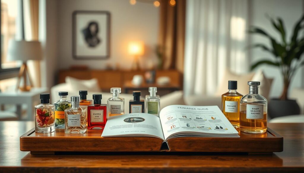 A beautifully arranged display of fragrance oils and perfume bottles tailored for different occasions. In the foreground, an elegant wooden table holds an array of colorful glass perfume bottles, each showcasing a unique design emphasizing floral, fruity, and musky scents. In the middle ground, an open fragrance guide book lays beside the bottles, featuring illustrated sections dedicated to various occasions like weddings, work, and casual outings. The background is softly blurred, featuring a stylish, modern room with warm ambient lighting streaming through a window, creating a cozy and inviting atmosphere. The mood conveys sophistication and a sense of exploration, capturing the essence of selecting the perfect fragrance for every moment. A beautifully arranged display of fragrance oils and perfume bottles tailored for different occasions. In the foreground, an elegant wooden table holds an array of colorful glass perfume bottles, each showcasing a unique design emphasizing floral, fruity, and musky scents. In the middle ground, an open fragrance guide book lays beside the bottles, featuring illustrated sections dedicated to various occasions like weddings, work, and casual outings. The background is softly blurred, featuring a stylish, modern room with warm ambient lighting streaming through a window, creating a cozy and inviting atmosphere. The mood conveys sophistication and a sense of exploration, capturing the essence of selecting the perfect fragrance for every moment.