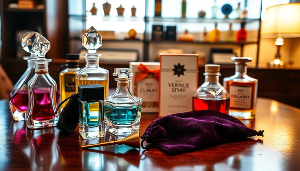 A beautifully arranged display of various perfume decants on a polished wooden table. In the foreground, focus on elegant glass bottles of different shapes and sizes, filled with colorful liquids, capturing the light in vibrant hues. A stylish velvet pouch and a small, intricate funnel are next to them, symbolizing the user-friendly aspect of decanting. In the middle, softly blurred out, are decorative boxes and notes about proper storage methods, like avoiding sunlight and heat. The background features a softly lit shelf with more perfume bottles and decorative elements that evoke a sense of luxury and care. Utilize warm, ambient lighting to create a cozy atmosphere, with a shallow depth of field to keep the main subjects in sharp focus. The mood is inviting and informative, emphasizing the beauty and functionality of perfume decants. A beautifully arranged display of various perfume decants on a polished wooden table. In the foreground, focus on elegant glass bottles of different shapes and sizes, filled with colorful liquids, capturing the light in vibrant hues. A stylish velvet pouch and a small, intricate funnel are next to them, symbolizing the user-friendly aspect of decanting. In the middle, softly blurred out, are decorative boxes and notes about proper storage methods, like avoiding sunlight and heat. The background features a softly lit shelf with more perfume bottles and decorative elements that evoke a sense of luxury and care. Utilize warm, ambient lighting to create a cozy atmosphere, with a shallow depth of field to keep the main subjects in sharp focus. The mood is inviting and informative, emphasizing the beauty and functionality of perfume decants.