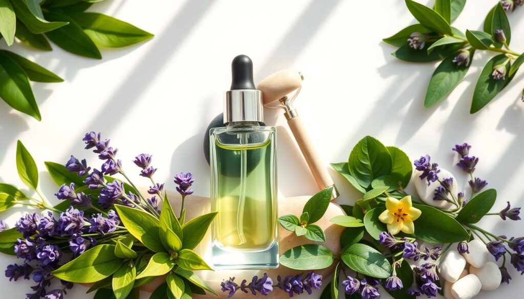 A beautifully arranged flat lay image showcasing hyaluronic acid alongside various active ingredients. In the foreground, place a sleek glass bottle of hyaluronic acid serum, surrounded by vibrant botanicals like green tea leaves, lavender, and aloe vera. In the middle layer, incorporate a luxurious jade roller and smooth stones, symbolizing skincare rituals. The background should feature soft, pastel-colored textures to create a calming atmosphere, resembling a spa environment. Natural light streams in from the side, casting gentle reflections on the glass surface, enhancing the serene mood. The composition should be harmonious and inviting, ideal for illustrating the synergistic benefits of combining hyaluronic acid with other active components in skincare.