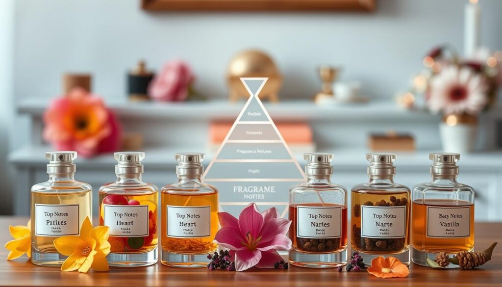 A beautifully arranged flat lay showcasing the concept of fragrance notes in perfumes. In the foreground, delicate glass perfume bottles labeled with "Top Notes," "Heart Notes," and "Base Notes," featuring vibrant floral and fruity elements alongside warm, earthy ingredients like vanilla and oak. The middle layer includes an elegant perfume pyramid diagram, depicting the tiered structure of fragrance notes. The background is softly blurred, hinting at a luxurious vanity or a dreamy, scented garden with gentle bokeh lighting that creates a warm and inviting atmosphere. Use soft, natural lighting to enhance the colors of the ingredients, and a focus that captures the essence of each note, giving viewers a sense of elegance and tranquility. The mood should be serene and sophisticated, perfect for illustrating the art of perfumery.