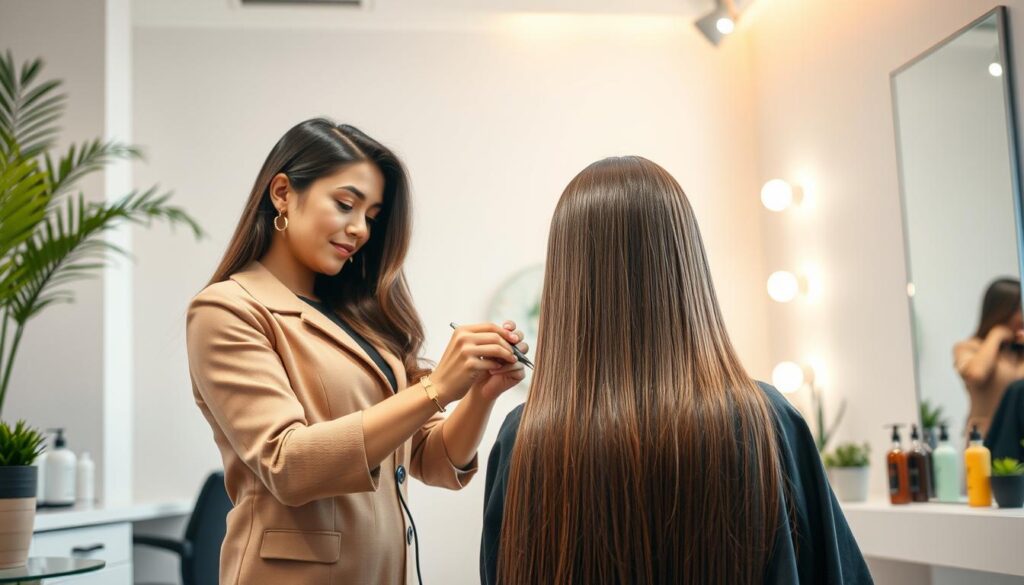 A bright and modern salon interior, showcasing a vibrant and inviting atmosphere. In the foreground, a professional hairstylist in a stylish yet modest outfit is performing a keratin hair treatment on a client with luscious, long hair. The stylist is focused and attentive, applying the treatment with precision. The middle ground features neatly arranged salon tools, bottles of hair products, and a mirror reflecting the transformation. The background includes decorative green plants and soft, warm lighting that enhances a cozy yet professional ambiance. The overall mood is calm, stylish, and sophisticated, emphasizing the luxurious experience of hair treatments like botox and keratin straightening. The image should be well-lit to highlight the shine and texture of the hair, creating a sense of elegance and beauty. A bright and modern salon interior, showcasing a vibrant and inviting atmosphere. In the foreground, a professional hairstylist in a stylish yet modest outfit is performing a keratin hair treatment on a client with luscious, long hair. The stylist is focused and attentive, applying the treatment with precision. The middle ground features neatly arranged salon tools, bottles of hair products, and a mirror reflecting the transformation. The background includes decorative green plants and soft, warm lighting that enhances a cozy yet professional ambiance. The overall mood is calm, stylish, and sophisticated, emphasizing the luxurious experience of hair treatments like botox and keratin straightening. The image should be well-lit to highlight the shine and texture of the hair, creating a sense of elegance and beauty.