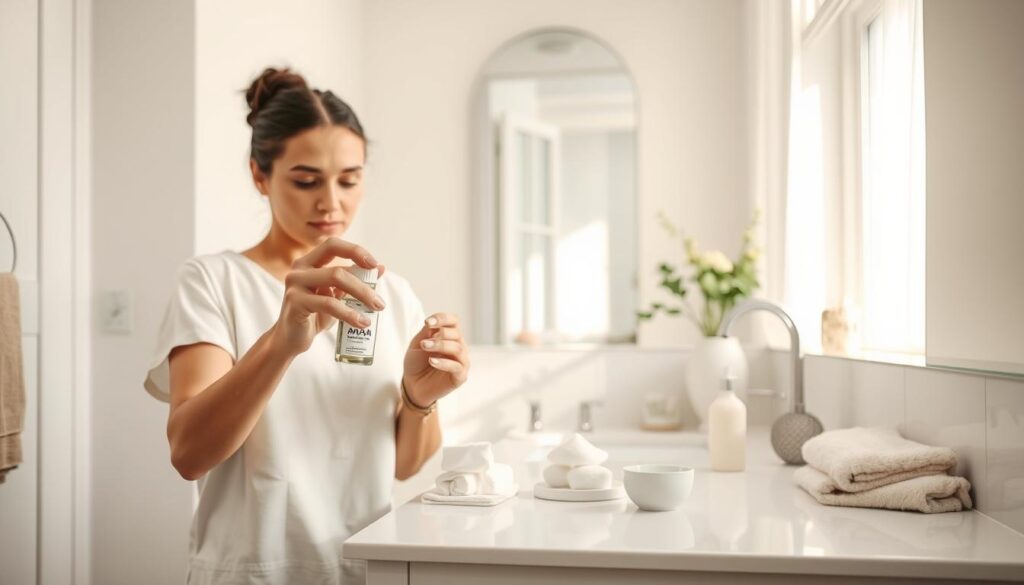 A clean, well-lit bathroom setting featuring a person in modest casual clothing preparing for a chemical peel at home. In the foreground, the individual holds a small bottle of AHA or BHA solution, examining it closely. On the countertop, a neat arrangement of skincare tools, including cotton pads, a small bowl, and a soft towel. The middle background displays a mirror reflecting a bright, inviting atmosphere with natural light streaming in through a window. Soft pastel colors dominate the space, evoking a calm and soothing ambiance. Include subtle details like a potted plant and a decorative candle to enhance the spa-like feel. The focus is on the individual's intent and the preparation process, capturing the essence of starting a chemical peel journey at home.