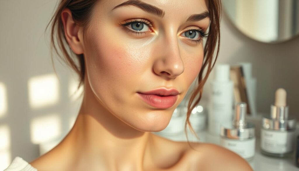 A close-up of a woman's face with sensitive skin, showcasing visible broken capillaries and redness on her cheeks and nose. She has a neutral expression, reflecting a calm mood. The foreground features gentle skin tones with light blush and a few cosmetic products arranged neatly beside her—serums and creams designed to reduce redness. The middle ground highlights the texture of her skin, emphasizing the delicate nature of her capillaries. In the background, softly blurred, there are skincare elements, like a minimalist vanity with gentle lighting casting a soft glow. Use a shallow depth of field and warm, natural lighting to create an inviting atmosphere that contrasts the visible skin concerns while promoting a sense of care and healing.