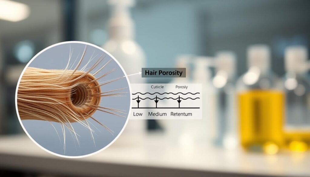 A close-up, scientifically accurate representation of hair porosity, highlighting the structure of a single hair strand in high detail. In the foreground, a magnified view of a hair shaft shows the cuticle layers and inner cortex, illustrating the differences between low, medium, and high porosity. In the middle section, include a diagrammatic representation of hair porosity levels with arrows indicating moisture retention. The background features a softly blurred laboratory setting with subtle lighting that gives a professional and educational atmosphere. A shallow depth of field focuses on the hair structure while providing a clear view of the environment, creating an informative and visually engaging image suitable for a scientific article. The overall mood should promote curiosity and understanding of hair science.