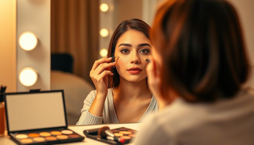 A close-up view of a beginner-friendly face contouring tutorial scene. The foreground features a clean and well-organized makeup station, showcasing various makeup tools like contour palettes, brushes, and highlighters neatly arranged. In the middle of the image, a focused young woman wearing modest casual clothing sits in front of a large mirror, applying contour and highlighter to her cheeks and nose with precision. The background is softly blurred, featuring warm, inviting lighting that enhances the skin tones and creates a vibrant atmosphere. The image conveys a sense of empowerment and confidence, perfect for beginners learning the art of face contouring. The angle captures both the woman's reflection and her intent focus on the task at hand, ensuring a relatable and inspiring representation of makeup artistry.