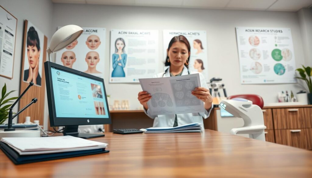 A close-up view of a dermatologist's office focused on adult acne diagnosis. In the foreground, a neatly arranged wooden desk with a medical folder, a computer displaying acne research studies, and a magnifying lamp. The middle ground features a professional female dermatologist in modest clothing, examining a skin analysis chart under bright, clinical lighting. In the background, medical posters illustrating different types of acne and hormonal skin changes, and a lab area with equipment for skin testing. The atmosphere is clinical yet inviting, emphasizing professionalism and compassion in skincare. The lens captures the scene in a slightly elevated angle to provide depth, ensuring a sense of focus on the diagnosis process.