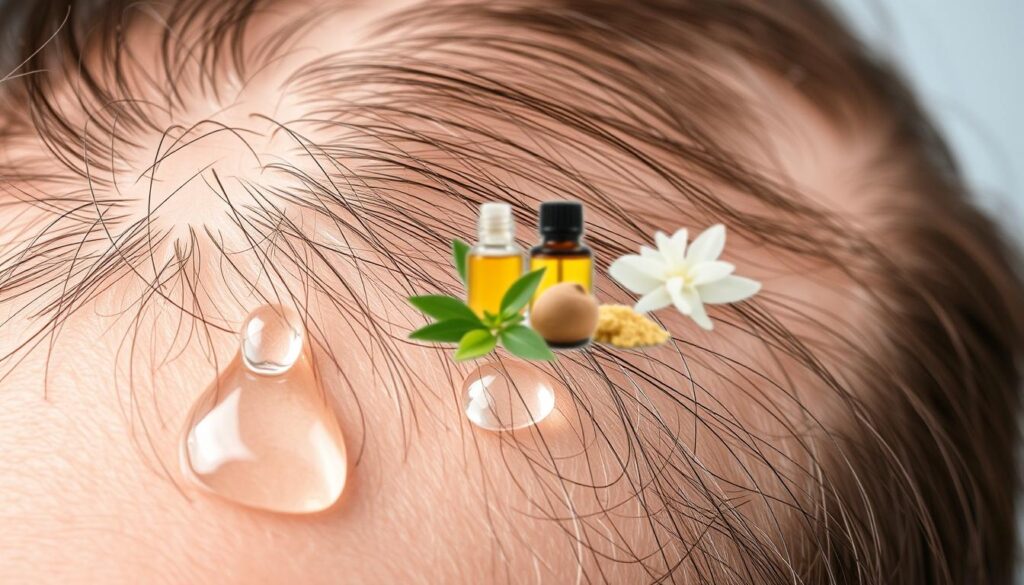 A close-up view of a healthy human scalp showcasing fine details of the skin texture and hair follicles, illustrating elements related to dandruff treatment. The foreground features a few drops of a crystal-clear anti-dandruff shampoo gently cascading onto the scalp, emphasizing its moisturizing properties. In the middle, there is a soft-focus background of natural ingredients like tea tree oil and salicylic acid displayed artfully, surrounded by soothing herbal leaves. The lighting is soft and diffused, highlighting the texture without harsh shadows, giving an overall calming atmosphere. The angle should be slightly elevated to capture the intricacies of the scalp while making the shampoo drops the focal point of the image.