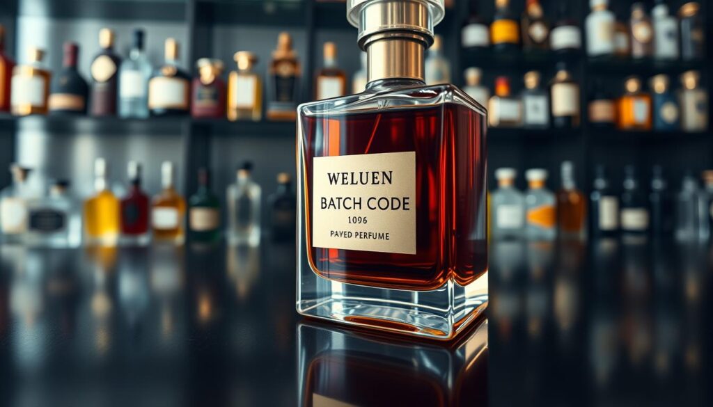 A close-up view of a luxury perfume bottle on a sleek, dark wooden table, featuring an engraved batch code label prominently. The focus is on the intricate details of the label, highlighting the text and characters of the batch code in clear, readable format, with soft lighting that creates elegant reflections on the glass of the bottle. In the background, out-of-focus shelves filled with various high-end perfumes create a sophisticated atmosphere. The overall mood should be one of elegance and authenticity, conveying the theme of distinguishing genuine perfumes from counterfeits. Ensure a shallow depth of field to emphasize the batch code while keeping the surrounding elements blurred, suggesting a refined, high-class environment.