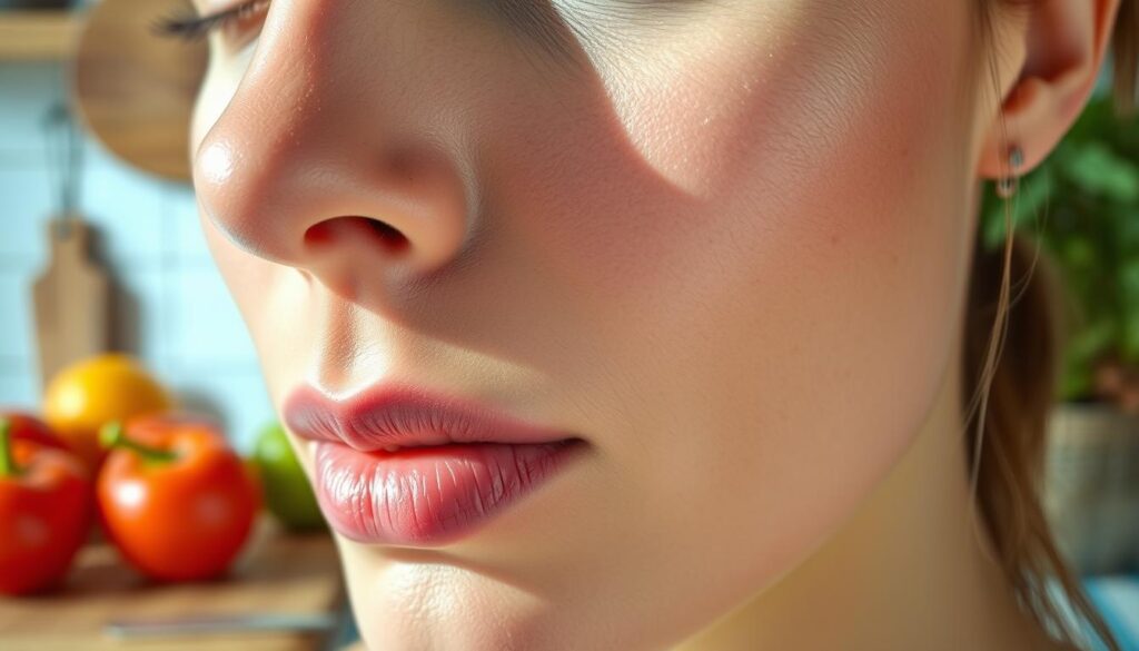 A close-up view of a person’s face focusing on the pores around the nose area, with a backdrop of fresh fruits and vegetables symbolizing a healthy diet. The foreground features a glowing, healthy complexion with minimal visibility of enlarged pores, showcasing the positive effects of a balanced diet. The middle layer includes a subtle reflection of kitchen elements, such as a cutting board and colorful produce, indicating lifestyle choices. Soft, natural lighting highlights the skin texture, casting delicate shadows that enhance the sense of depth. The atmosphere is serene and inviting, promoting the idea of wellness and skin health through dietary habits. Capture this scene with a slight depth of field, emphasizing the face while keeping the background softly blurred. No text or logos present.