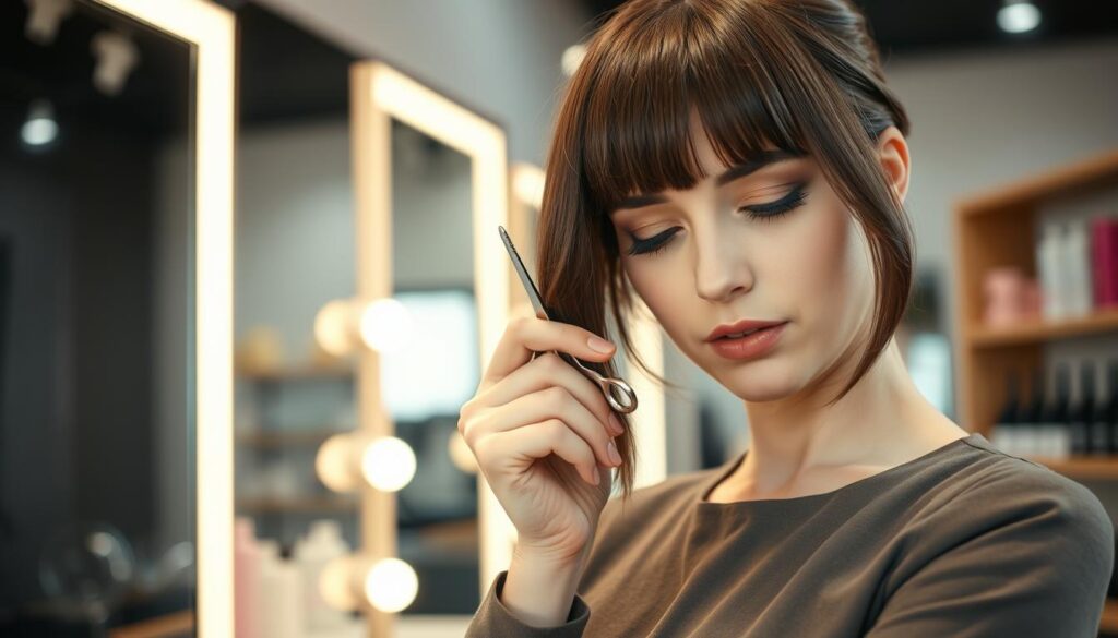 A close-up view of a professional hair stylist gently trimming and styling bangs, emphasizing the technique and care involved in "Pielęgnacja grzywki." The stylist is a woman dressed in a stylish, modest outfit, focused intently on her work with precision scissors. She stands in a modern salon, featuring sleek mirrors and contemporary lighting that casts a soft, warm glow over the scene. In the background, shelves with hair products and tools are visible, adding depth to the environment. The atmosphere is calm and professional, showcasing the art of hair care and styling. Capture the detail of the hair texture and the stylist's focused expression, with a slight bokeh effect to enhance the foreground subject. A close-up view of a professional hair stylist gently trimming and styling bangs, emphasizing the technique and care involved in "Pielęgnacja grzywki." The stylist is a woman dressed in a stylish, modest outfit, focused intently on her work with precision scissors. She stands in a modern salon, featuring sleek mirrors and contemporary lighting that casts a soft, warm glow over the scene. In the background, shelves with hair products and tools are visible, adding depth to the environment. The atmosphere is calm and professional, showcasing the art of hair care and styling. Capture the detail of the hair texture and the stylist's focused expression, with a slight bokeh effect to enhance the foreground subject.