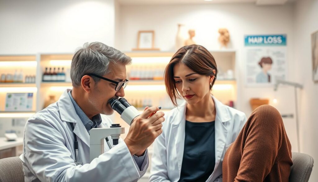 A close-up view of a professional trichologist consulting with a female patient in a well-lit, modern clinic. The trichologist, dressed in a white lab coat and glasses, is examining a hair sample with a microscope. The atmosphere is calm and reassuring, with soft, warm lighting enhancing the clinical but welcoming environment. In the background, there are shelves filled with hair care products and educational charts about hair health. The patient, wearing modest casual clothing, appears attentive and engaged as she discusses her hair concerns. The focus should be on the interaction, showcasing the importance of proper trichological diagnosis in addressing hair loss in women.