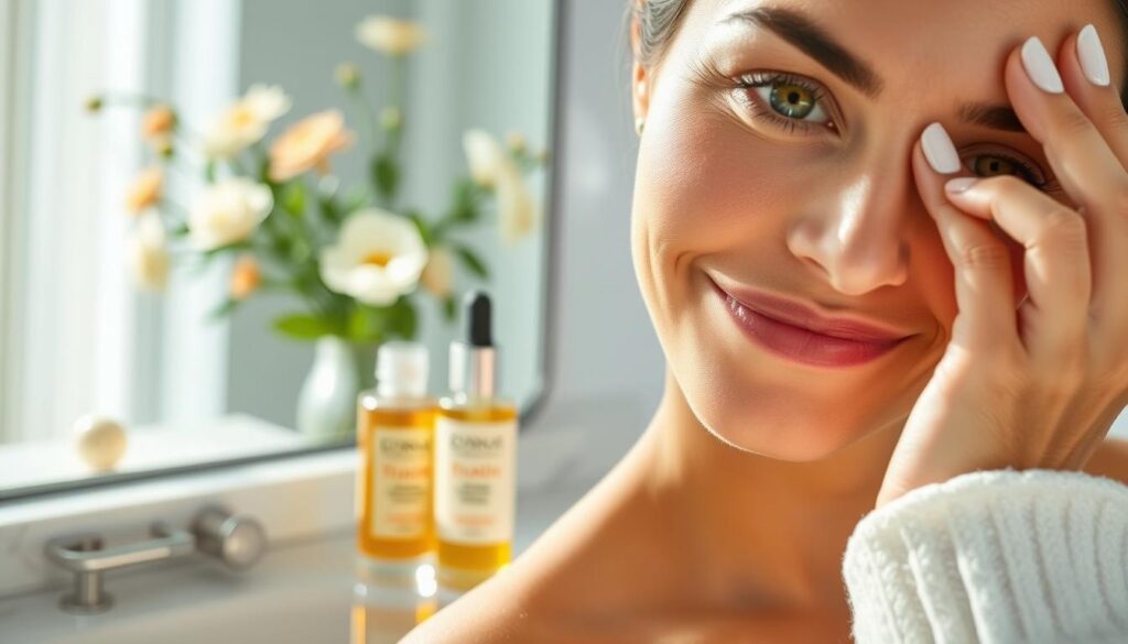 A close-up view of a woman applying vitamin C serum to her face, highlighting the glowing effects of the product on her skin. She has a fresh, radiant complexion with a slight shimmer, emphasizing youthful vitality and health. The foreground features the woman's face, framed by soft, natural lighting that enhances her features. In the middle ground, a beautifully designed bottle of vitamin C serum is elegantly placed on a marble vanity, reflecting light and creating an inviting atmosphere. The background is softly blurred, showcasing a hint of greenery or flowers to evoke a sense of serenity and natural beauty. The mood is uplifting and rejuvenating, conveying the transformative effects of skincare. A close-up view of a woman applying vitamin C serum to her face, highlighting the glowing effects of the product on her skin. She has a fresh, radiant complexion with a slight shimmer, emphasizing youthful vitality and health. The foreground features the woman's face, framed by soft, natural lighting that enhances her features. In the middle ground, a beautifully designed bottle of vitamin C serum is elegantly placed on a marble vanity, reflecting light and creating an inviting atmosphere. The background is softly blurred, showcasing a hint of greenery or flowers to evoke a sense of serenity and natural beauty. The mood is uplifting and rejuvenating, conveying the transformative effects of skincare.