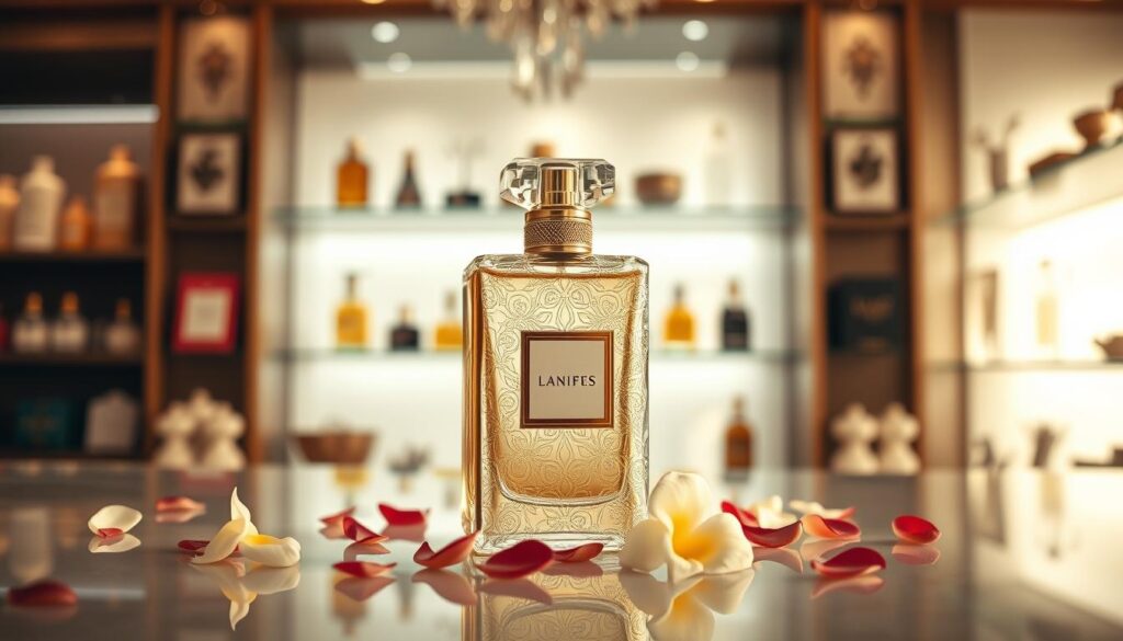A close-up view of an elegant niche perfume bottle, beautifully designed with intricate patterns, set against a soft, blurred background of a luxurious boutique. The foreground features the perfume bottle on a reflective surface, capturing light and creating a glow, with delicate flowers like jasmine and rose petals scattered around it, adding a touch of nature. The middle ground softly showcases shelves filled with handcrafted perfumes and decorative packaging, creating an inviting atmosphere. The lighting is warm and inviting, highlighting the bottle's colors and textures. The overall mood is sophisticated and serene, reflecting the allure and exclusivity of niche fragrances.