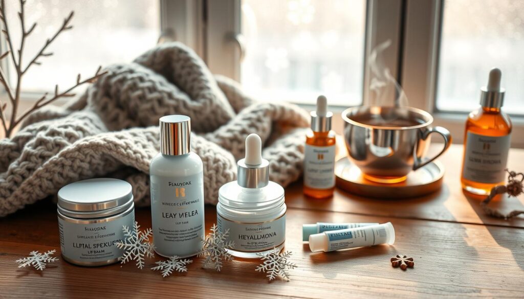A cozy winter setting featuring an array of winter skincare products laid out on a wooden table. In the foreground, highlight luxurious moisturizers, hyaluronic acid serums, and lip balms designed for dry winter skin, with delicate snowflakes resting on the bottles. In the middle ground, place a softly knit scarf and a steaming cup of herbal tea, enhancing the seasonal theme. The background displays a softly lit window with frost patterns, creating a warm and inviting atmosphere. Soft, natural lighting filters through, casting gentle shadows, and capturing the essence of winter skincare routine. Emphasize a calm and soothing mood, ideal for showcasing effective skincare choices for winter.